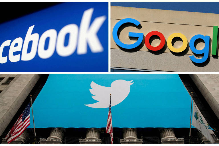 Logos das empresas de tecnologia Meta (ex-Facebook), Google e Twitter