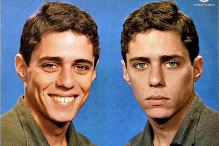 Em foto colorida, homem aparece sorrindo de um lado e triste do outro