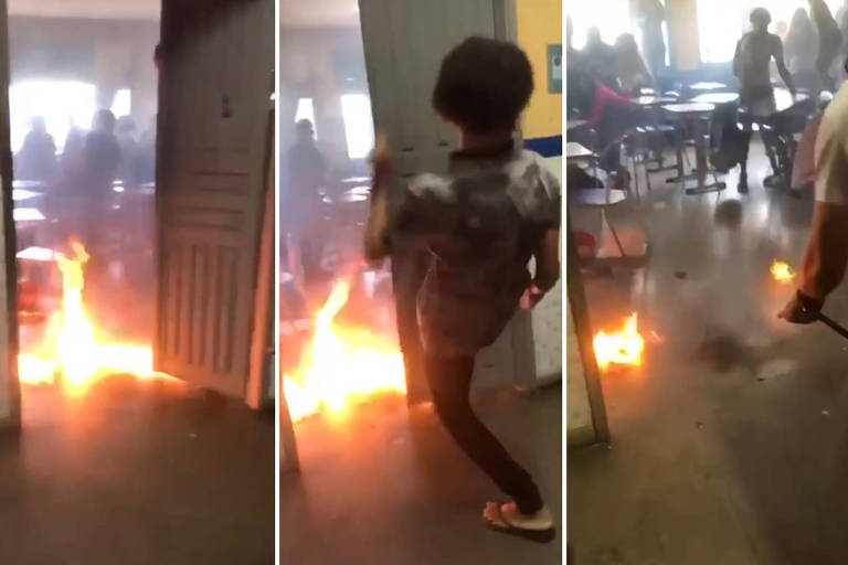 Montagem com três imagens. A primeira mostra a porta de uma sala de aula aberta com chamas no chão. A segunda imagem aparece um rapaz com o pé na porta da sala de aula. Na terceira, há um homem apagando o fogo com um extintor e, ao fundo, tem carteiras escolares e outras pessoas em pé.