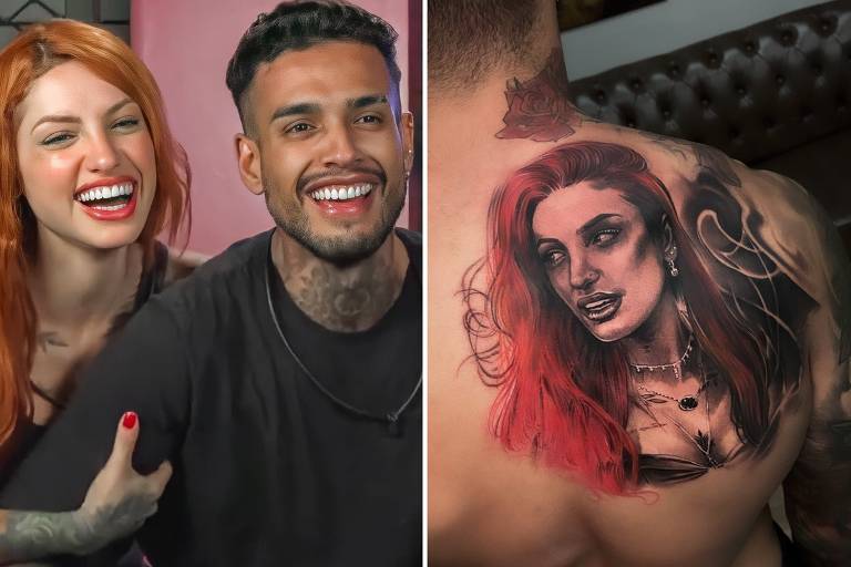 Montagem de foto de casal hétero e branco sorrindo e tatuagem de rosto de mulher ruiva