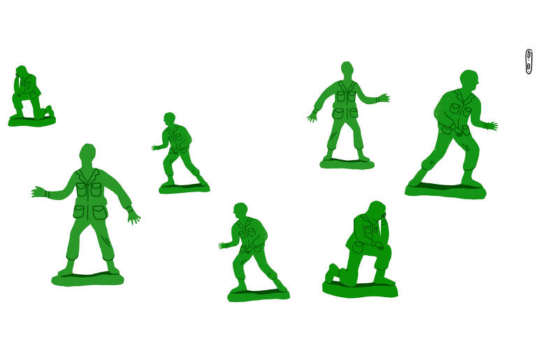 Sete soldadinhos de plástico (brinquedo) em poses de pessoas comuns, sem armas... todos verdes.