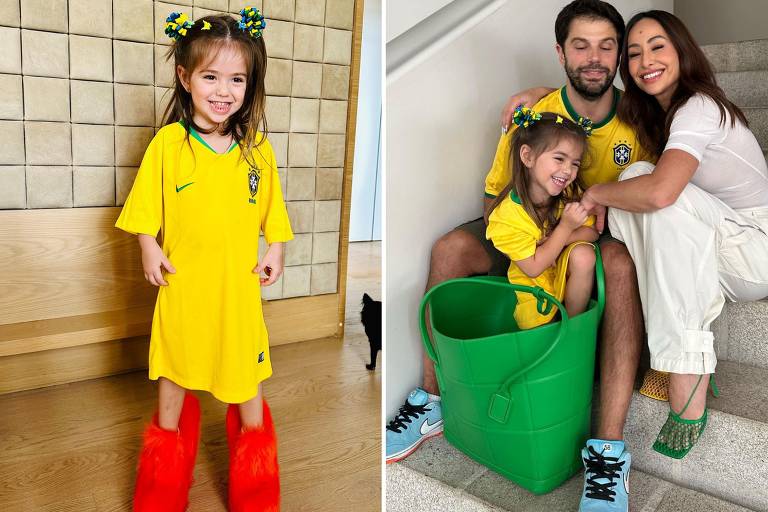 Duas fotos em uma montagem. A primeira de uma criança com camisa do brasil e sapato vermelho, e na segunda família com itens verde e amarelo