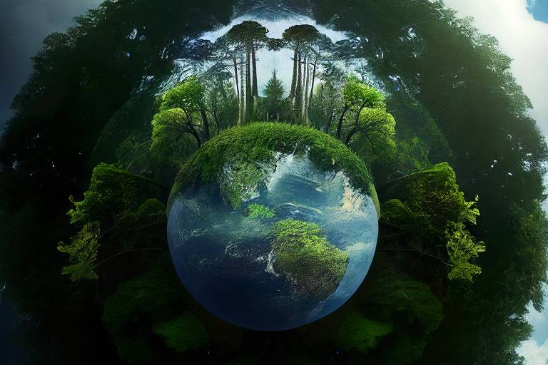  Imagem criada por inteligência artificial a partir dos termos "planeta terra azul mas feito de árvores" e "fotorrealista". Na imagem aparece o planeta Terra e em volta dele muitas árvores.