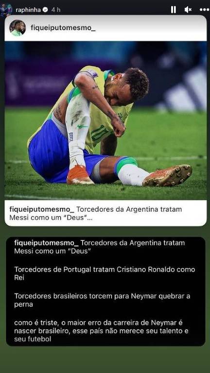 Post de Raphinha defendendo Neymar