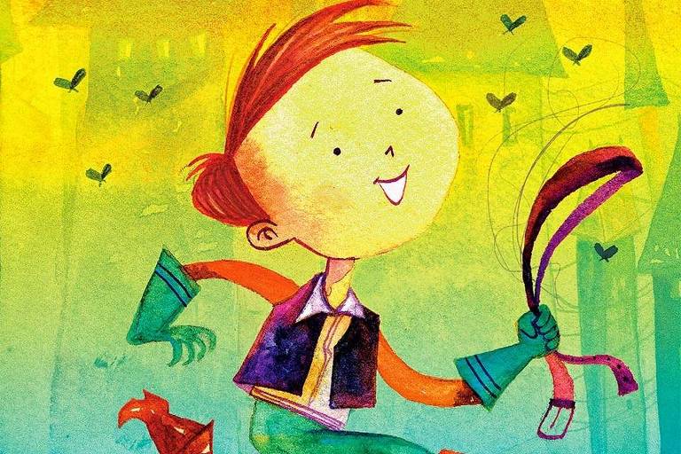 Capa de livro infantil tem um garoto ruivo segurando um cinto