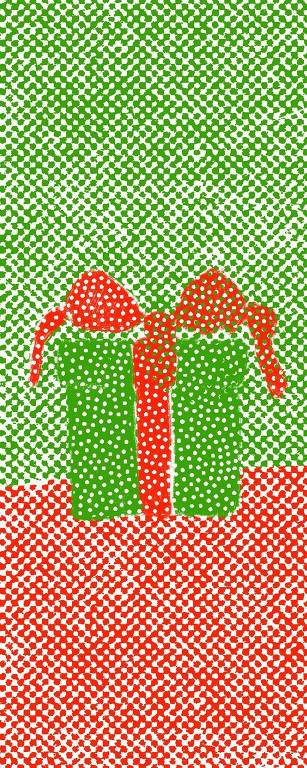 Ilustração de um presente de natal com caixa verde e fita vermelha que se mistura com as cores do fundo também verde e vermelha mas com texturas diferentes.