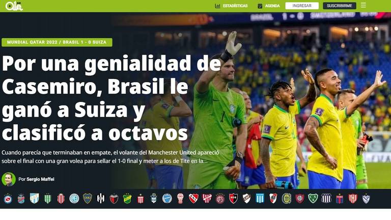 Manchete do site argentino Olé destacando a vitória da seleção brasileira sobre a Suíça na Copa do Qatar
