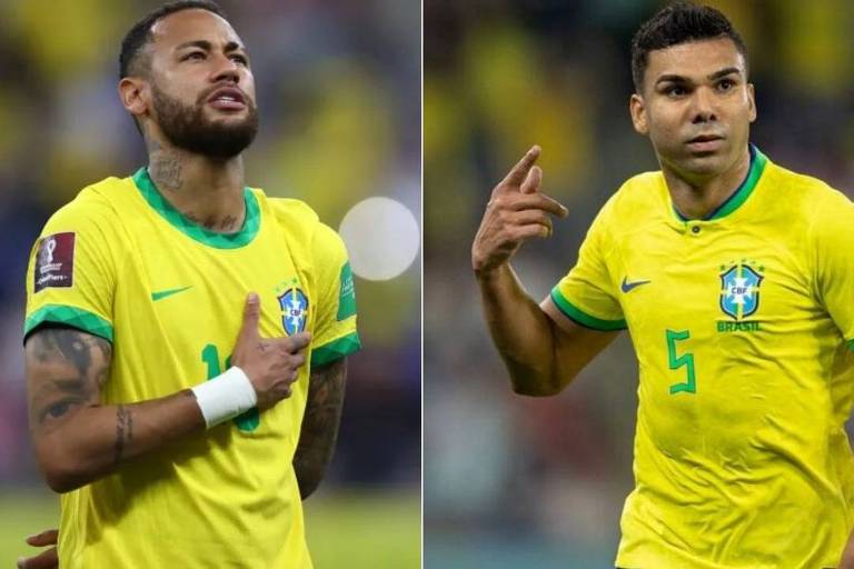 Em foto colorida, uma montagem com dois jogadores da seleção brasileira lado a lado