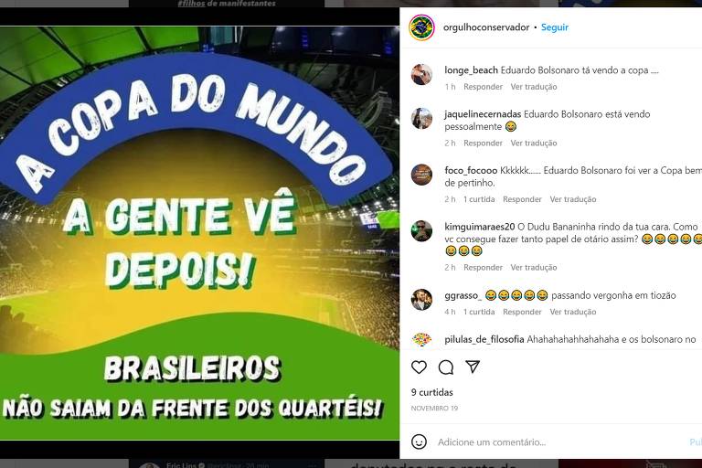 Captura de tela mostra post com a mensagem "A Copa do Mundo a gente vê depois!"