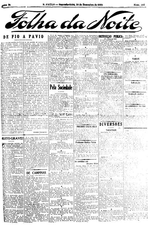 Primeira Página da Folha da Noite de 18 de dezembro de 1922