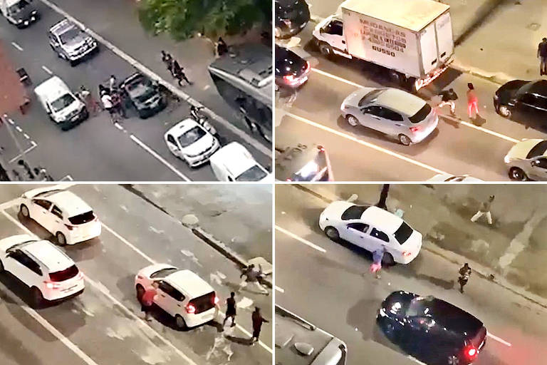 As imagens mostram quando grupos vão em direção aos automóveis e tomam pertences que estão dentro dos veículos 