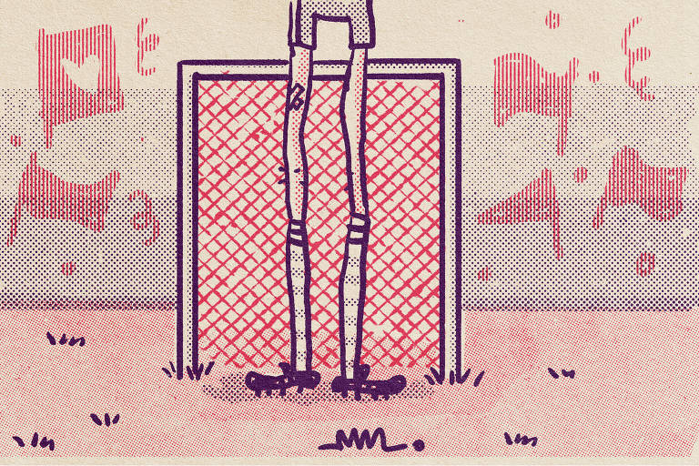 Na ilustração de Marcelo Martinez, as pernas de um jovem goleiro. Ele é muito alto, maior do que a baliza do gol