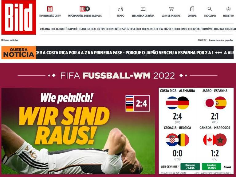 Manchete do jornal alemão Bild diz "Que embaraçoso! Estamos fora!" após a eliminação da Alemanha na fase de grupos da Copa do Mundo do Qatar