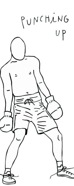 No desenho de Luiza Pannunzio um homem branco sem camisa, de calção, meias, tênis e luvas de boxe está em pé com as pernas afastadas e com os braços para baixo como quem desiste de revidar. Acima da imagem dele está escrito: punching up