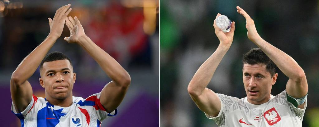 Imagens de Kylian Mbappé e Robert Lewandowski, respectivamente os melhores jogadores de França e Polônia, que duelarão nas oitavas de final da Copa do Qatar; os dois estão com as mão acima da cabeça, batendo palmas