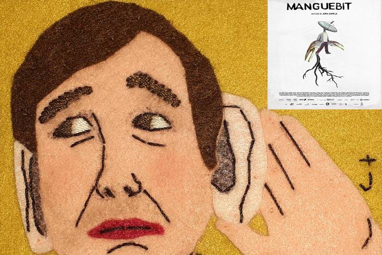 Em foto colorida, aparece a Ilustração em feltro da artista Jaca Almeida, com reprodução do cartaz do documentário 'Mangue Bit'