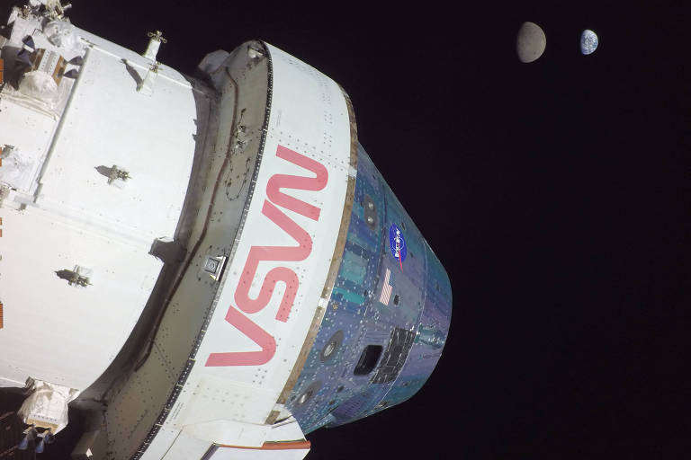 foto mostra nave órion, no espaço, com texto da Nasa, agência espacial americana