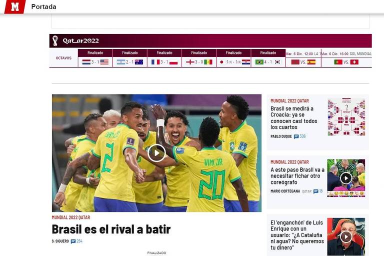 Capa do Marca, da Espanha, diz que o Brasil é o rival a ser batido na Copa do Qatar
