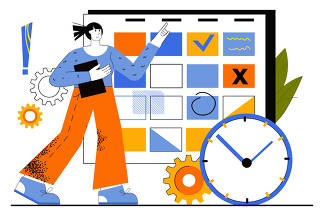 Business planning web concept. Employee develops job plan. Woman completes work tasks and marks dates on calendar. Time management. Illustration for web page template in flat line design