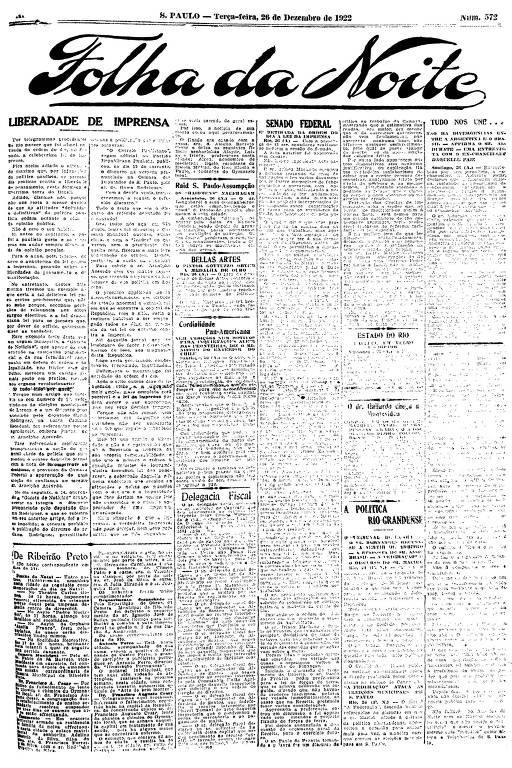 Primeira Página da Folha da Manhã de 26 de dezembro de 1922