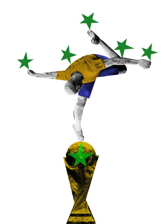 Ilustração do troféu da Copa do Mundo com o jogador Richarlison no topo