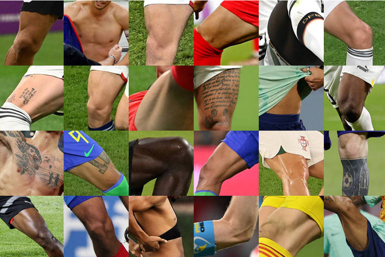 Um mosaico de pernas fortes e detalhes de corpos musculosos de jogadores de futebol