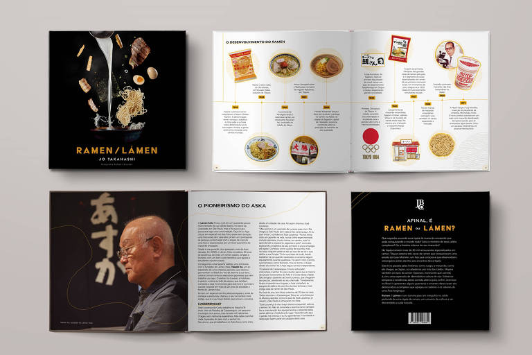 A foto mostra a capa e a contracapa do livro e duas duplas internas: uma com imagens de pratos de macarrão e outra com a imagem de um senhor com ideogramas japoneses ao fundo