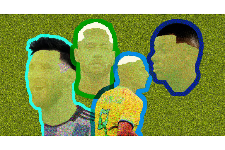  Sobre um fundo verde-dourado, aparecem os rostos de quatro jogadores de futebol da Copa do Mundo 2022 no Qatar. Da esquerda para a direita: Messi, Neymar, Richarlison e Mbappé. Os rostos estão contornados com cores fortes, mas as feições aparecem quase apagadas, porque o destaque está no cabelo de cada um, que aparece bem definido, pois o tema da crônica são os cortes de cabelo em campo.