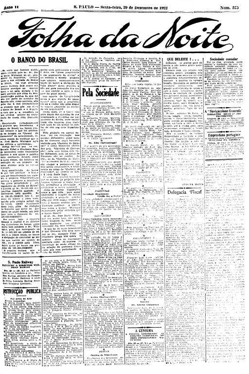 Primeira Página da Folha da Noite de 29 de dezembro de 1922