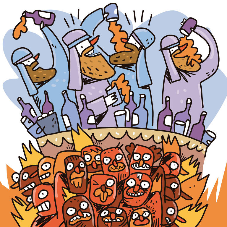 Na ilustração de Galvão Bertazzi temos uma multidão espremida e pegando fogo na parte inferior do desenho. Eles estão em chamas e sedentos. Na metade superior da ilustração um grupo de Sheiks se esbaldam com bebidas alcoólicas geladas e refrescantes.
