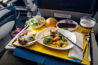 Food served on board of business class airplane