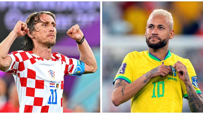 Em montagem com duas fotos, o croata Modric festeja com os braços erguidos e as mãos fechadas e o brasileiro Neymar exibe com as mãos o escudo da seleção, no peito da camisa amarela