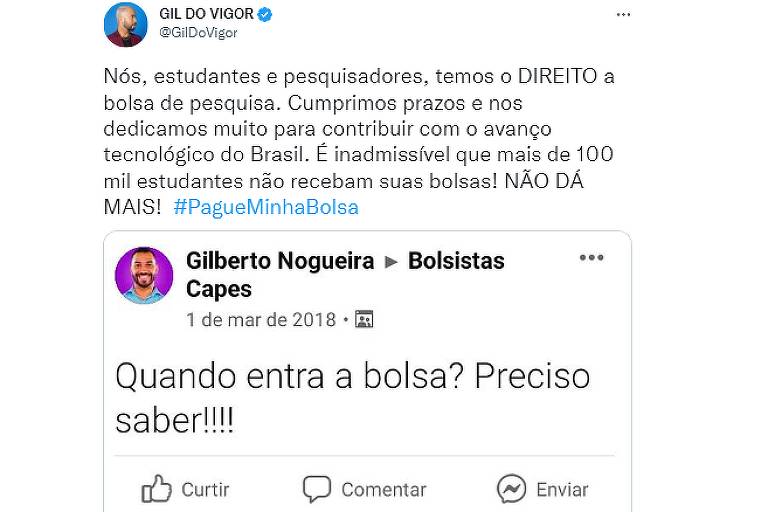 Tuíte de Gil de Vigor com a hashtag #PagueMinhaBolsa