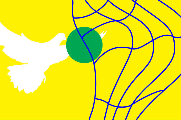 Ilustração mostra, sobre um fundo amarelo, uma pomba branca voando e marcado um gol em uma rede azul com uma bola verde
