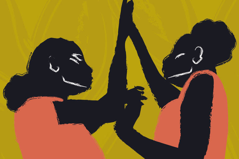 Na ilustração, de fundo verde claro, duas mulheres negras estão dançando, uma de frente para a outra, elas usam os cabelos crespos presos e usam vestidos de tom alaranjado.