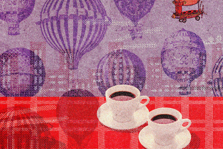 Na colagem digital de Marcelo Martinez, dois cafés estão sobre uma mesa, sobrepostos por imagens de antigos balões.