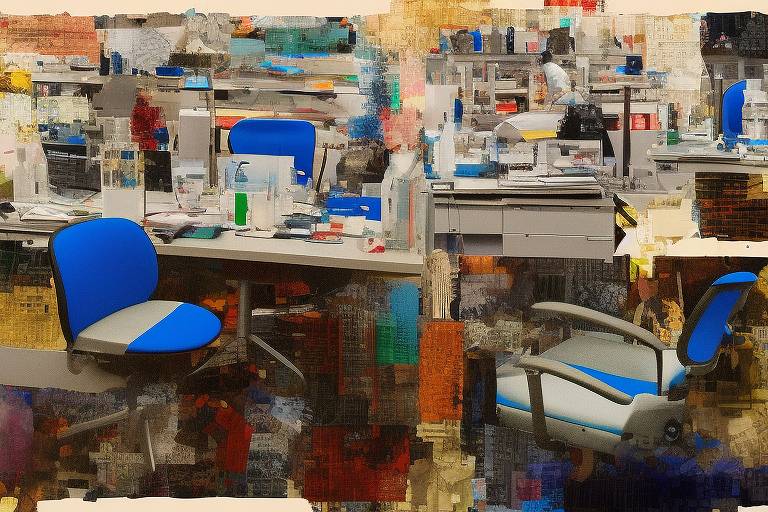 Mesas de trabalho e cadeiras com encosto azul e ao redor dos objetos há blocos de tinta e imagens abstratas com interferência parecidas com erros na tela de um computador.