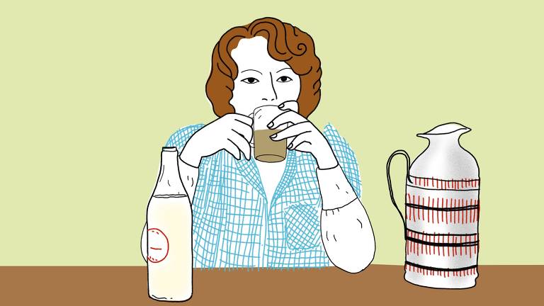 Ilustração mostra, no centro da imagem uma mulher de cabelos ruivos bebe um copo de café com leite. À sua  frente estão a garrafa de leite e uma cafeteira
