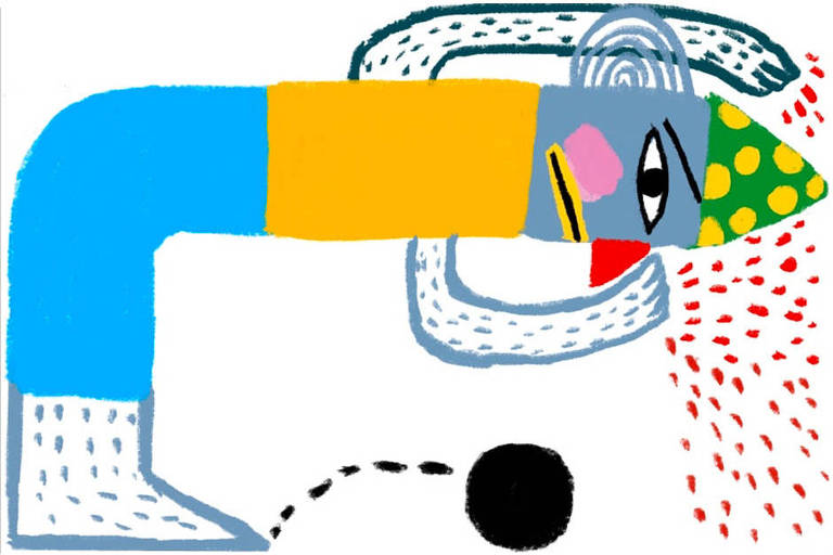Ilustração de uma pessoa estilizada vestindo chapéu cônico verde com bolinhas amarelas, camisa amarela e bermuda azul. Ela está com expressão triste e tem um nariz vermelho. Há uma bola preta no chão que acabou de ser chutada pela pessoa. O fundo é branco.