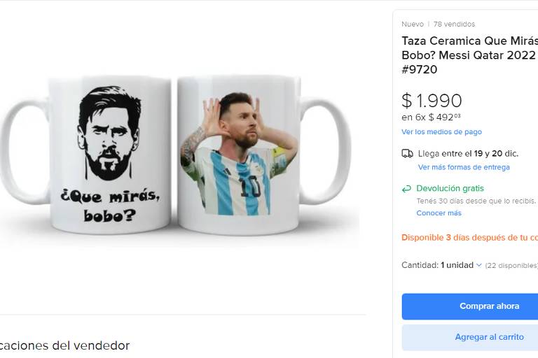 Caneca personalizada com imagens de Messi e a frase "¿Qué mirás, bobo?"