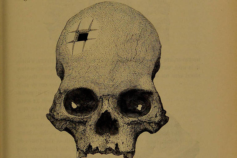 O crânio em ilustração no livro de Squier  peça data entre 1400 e 1530 d.C.