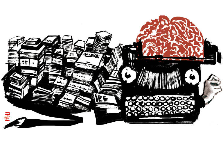 Criatura deitada cuja cabeça é uma máquina de escrever com um cérebro humano vermelho em cima, no lugar dos papéis, e o corpo formado de papéis empilhados e livros