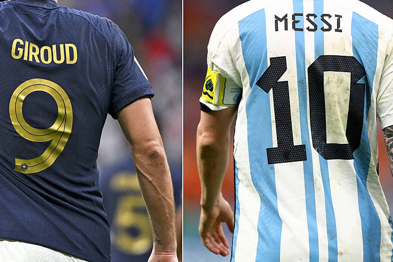 O francês Giroud está de costas, usando a  camisa de número 9; ao seu lado, em fotomontagem, está o argentino Messi, de costas e usando a  camisa de número 10; ambos joga a Copa do Qatar