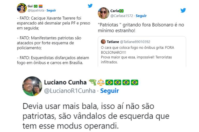 Prints mostram publicações no Twitter que acusam violência em Brasília de partir de "esquerdistas infiltrados"