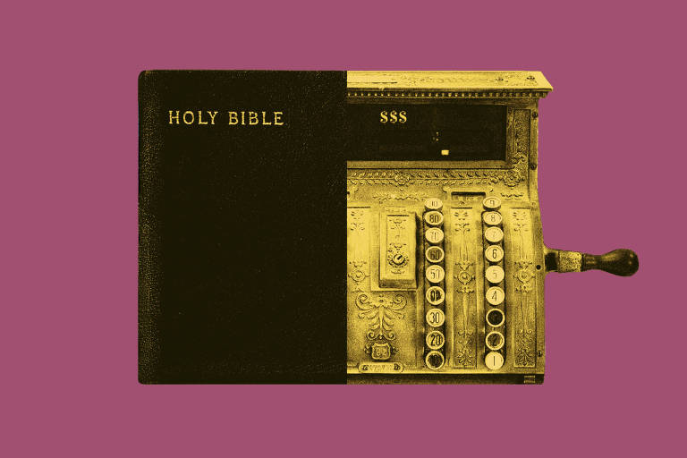 A ilustração mostra a fotografia de uma caixa registradora antiga, em tons de amarelo, partida ao meio. Um recorte fotográfico da capa de uma bíblia completa a outra metade.