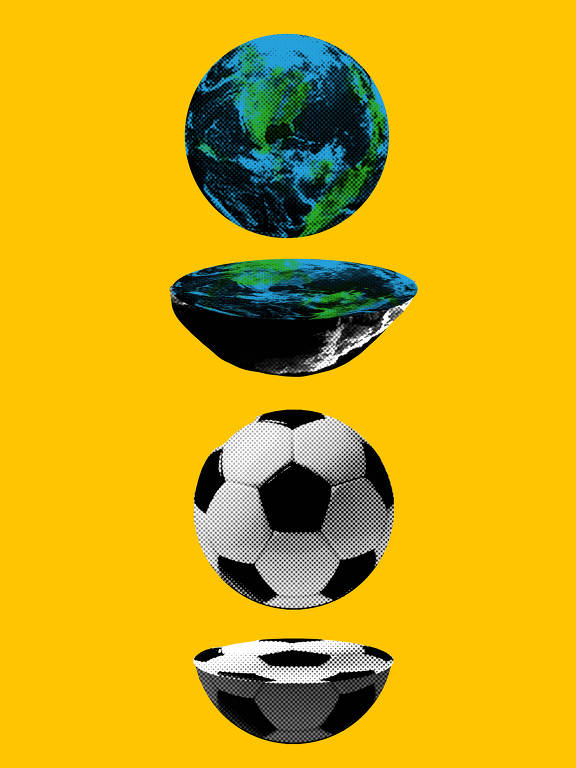 ilustração com um fundo amarelo chapado com o planeta terráqueo, meio planeta (cortado ao meio pela linha do equador), uma bola de futebol e meia bola de futebol (cortada ao meio)