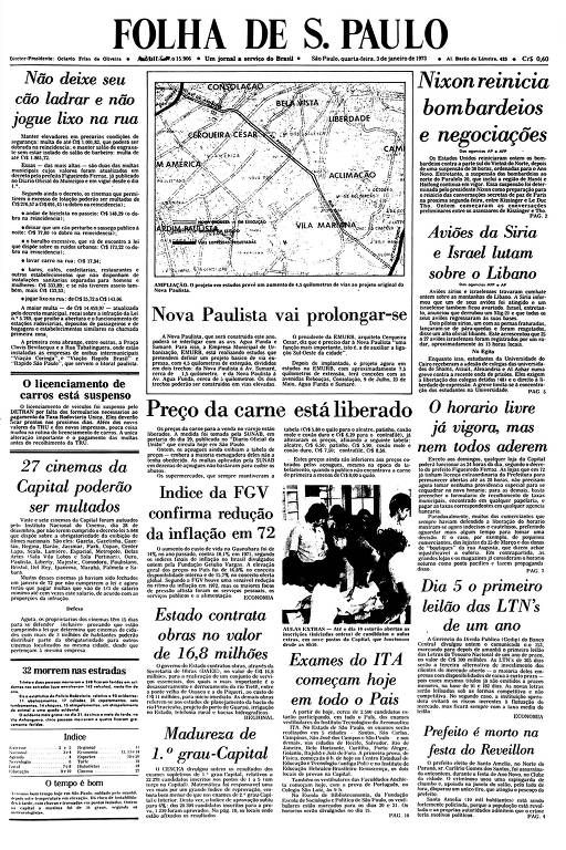 Primeira Página da Folha de 3 de janeiro de 1973