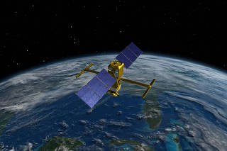 The advanced radar SWOT spacecraft is seen in an artist's rendition