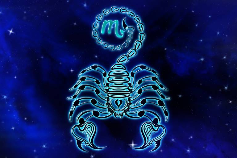 Ilustração de um escorpião em um fundo de céu estrelado, com tons azuis