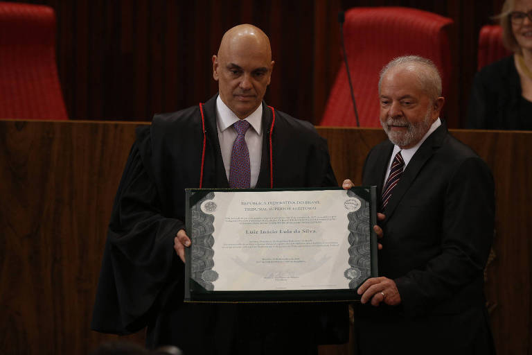 Alexandre de Moraes, à esq., e Lula, homens brancos, estão de pé, segurando diploma e posando para foto